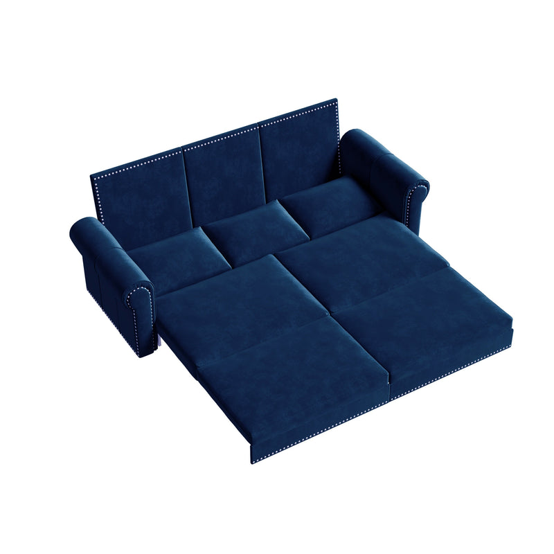 93.7 ' King Pull Out Sofa Bed, Chesterfield Sofa, 3-in-1 Velvet Convertible Sleeper Sofa with Nailhead Trim & Rolled Arm, Multi-Functional Sofa Bed for Living Room, Bedroom, Apartment, Office, Blue
