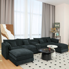 U Shaped Sectional Cloud Couch for Living Room,144' Comfy Fluffy Modular Sofa with Movable Ottoman Modern Chenille 6 Seat Sectional Sofa Set with Console, Cup Holders,Black