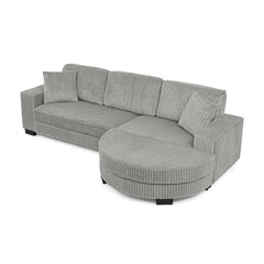 Corduroy Tufted Upholstered Sleeper Sectional Sofa, L-Shaped Modular Convertible Sofa , The arc-shaped footstool can be placed freely on the left and right-Gray