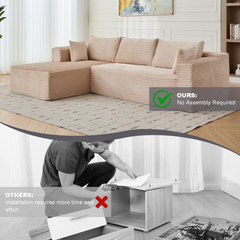 Compression Sectional Couch with Comfy Chaise, Boneless L Shape Sofa with Deep Seat, Minimalist Modular Couches Sleeper for Living Room Bedroom Apartment Lounge,corduroy,Beige