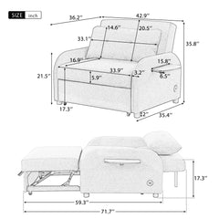Versatile Pull Out Sofa Sleeper 3 in 1 with Wing Table & USB Charge, Beige Linen, Compact Design