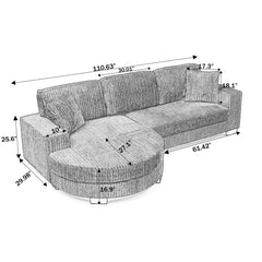 Corduroy Tufted Upholstered Sleeper Sectional Sofa, L-Shaped Modular Convertible Sofa , The arc-shaped footstool can be placed freely on the left and right-Gray