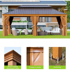 [12x20FT] AXN Premium Large Aluminum Hardtop Gazebo W/ Netting, Privacy Curtains And Wood Grain Finish (SAK58374)