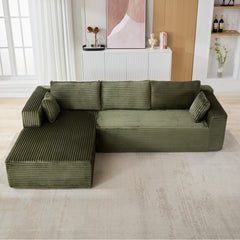 Compression Sectional Couch with Comfy Chaise, Boneless L Shape Sofa with Deep Seat, Minimalist Modular Couches Sleeper for Living Room Bedroom Apartment Lounge,corduroy,Green