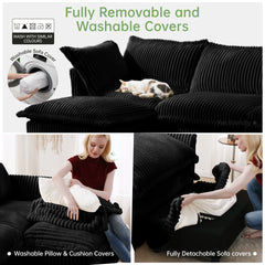 Slip-covered Armchair with 1 Big Back Cushion and 2 Big Toss Pillows, Single Deep Seat Comfy Single Couch Sofa Multiple Large Soft Pillows, Black Corduroy Fabric