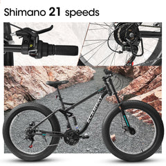 A26309 26 inch Mountain Bike,Full-Suspension 21 Speeds Drivetrain with Disc-Brake MTB Bicycle, 26*4' Fat tire Bike for Men