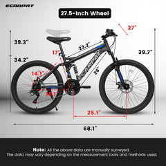 A2760  27.5 Inch Full Suspension Mountain Bike, Front and Rear Dual Shock Absorbers, Mechanical Disc Brakes, 21-Speed, Suitable for Men and Women, Ideal for Travel and Fitness Enthusiasts