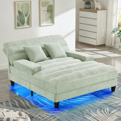 Modern Chaise Lounge Sofa Bed with Adjustable Backrest and LED Light Strip, Green Chenille Upholstered, 57.1 Inches