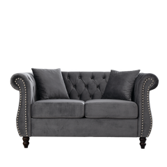 58.8' Chesterfield Sofa Grey Velvet for Living Room, 2 Seater Sofa Tufted Couch with Rolled Arms and Nailhead for Living Room, Bedroom, Office, Apartment, two pillowsW834S00069