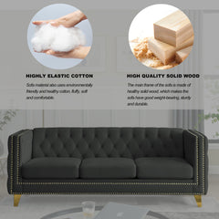 {Contact us for 3D modeling} Velvet Sofa for Living Room,Buttons Tufted Square Arm Couch, Modern Couch Upholstered Button and Metal Legs, Sofa Couch for Bedroom, Black Velvet(W834S00022)