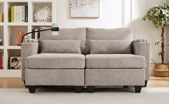 Convertible Chaise Lounge 63' Loveseat Sofa Bed with USB Ports, Cup Holders, Phone Holder, Storage, Brown Corduroy