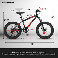 S20109 20 Inch Mountain Bike for Kids and Teenagers, High Carbon Steel Frame, Disc Brakes, Durable Wide Tires, Front Suspension, 7-Speed, Ideal for Snow and Off-Road Riding