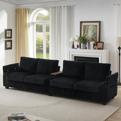 Modern 4-Seater Corduroy Sofa Couch with USB Ports and Hidden Storage in Black
