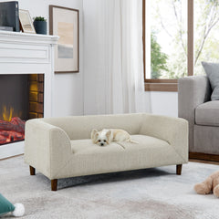 Modern Rectangular Pet Sofa with Backrest and Armrests, Soft Cushion for Small and Medium Dogs, Beige Linen