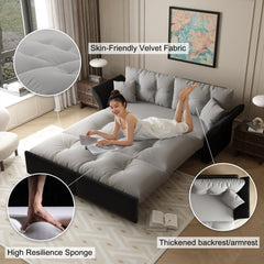 74.8' Queen Pull Out Sofa Bed, 3-in-1 Convertible Sleeper Tufted Sofa with 2 Soft Pillows,Multi-Functional Velvet Loveseat Bed,Grey(New Sku:W1885S00170/W1885S00218)
