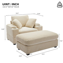 [VIDEO/New]Corduroy Upholstered Chaise Lounge Sofa with Handrail storage ,Movable ottoman,Cupholders,Detachable Cushions Deep Seat for Living Room Office,3 colour