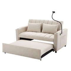 Convertible Sofa Bed Loveseat with USB Ports, Side Pockets, Cup Holders, Swivel Phone Holder, Beige, Bella Fabric