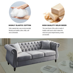[Video] 80' Chesterfield Sofa Grey Velvet for Living Room, 3 Seater Sofa Tufted Couch with Rolled Arms and Nailhead for Living Room, Bedroom, Office, Apartment, two pillowsW834S00009
