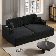 Oversized Loveseat Chaise Lounge Sectional Sofa Bed with USB Ports, Cup Holders, and Pillows, Black Corduroy
