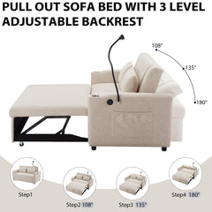 Convertible Sofa Bed Loveseat with USB Ports, Side Pockets, Cup Holders, Swivel Phone Holder, Beige, Bella Fabric