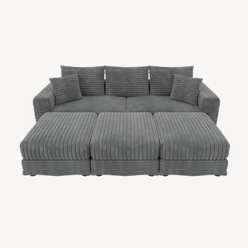 82.7 ' Plush Corduroy 3-Seat Sofa, Modern Comfy Upholstered Sofa Cloud Couch, Deep Seat Couches with Soft Pillows and 3 Ottomans, Convertible Sofa Lounge Chair, for Living Room,Apartment,Office,Grey