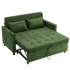 Convertible Loveseat Sofa Bed with Adjustable Backrest, USB Ports, Phone Holder, Side Pockets, Green Chenille, 56.9'
