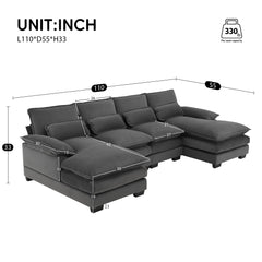 Modern U-shaped Sectional Sofa with Waist Pillows, 6-seat Upholstered Sleeper Sofa with Chaise Lounge in Velvet, 109.8*55.9', Gray