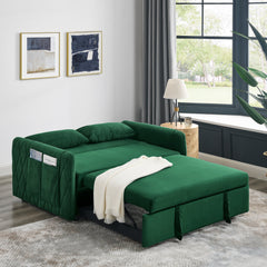 55' Modern Convertible Sofa Bed with 2 Detachable Arm Pockets, Velvet Loveseat Sofa with Pull Out Bed, 2 Pillows and Living Room Adjustable Backrest, Grid Design Armrests