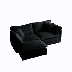 Chenille Two-Seater Sofa with 1 Footrest, 2 Seater L-Shaped Sectional with Ottoman,Loveseat with Ottoman for Small Living Space, Black Chenille