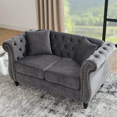 58.8' Chesterfield Sofa Grey Velvet for Living Room, 2 Seater Sofa Tufted Couch with Rolled Arms and Nailhead for Living Room, Bedroom, Office, Apartment, two pillowsW834S00069