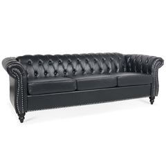 84.65' BLACK PU Rolled Arm Chesterfield Three Seater Sofa.