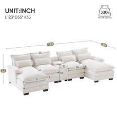 Modern U-shaped Sofa with Console, Cupholders & USB Ports, 6-seat Upholstered Furniture, Chenille, 123*55 inches, White