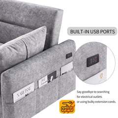 Contemporary Grey Pull Out Sleep Sofa Bed Loveseat with Adjustable Backrest, Storage Pockets, USB Ports and 2 Soft Pillows