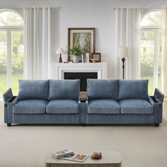 Modern 4-Seater Corduroy Sofa Couch with USB Ports, Hidden Storage, Flip-Top Cup Holders, Blue, 133'