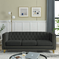 {Contact us for 3D modeling} Velvet Sofa for Living Room,Buttons Tufted Square Arm Couch, Modern Couch Upholstered Button and Metal Legs, Sofa Couch for Bedroom, Black Velvet(W834S00022)