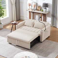 Convertible Sofa Bed Loveseat with USB Ports, Side Pockets, Cup Holders, Swivel Phone Holder, Beige, Bella Fabric