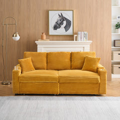80-inch two-in-one pull-out sofa, foldable and hidden reclining function, corduroy fabric, equipped with cup holder and pillow, easily adaptable to living room space, orange