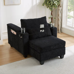 Convertible Chaise Lounge Sofa Chair Bed with USB Ports, Cup Holders & Storage, Black Corduroy, 37.4'