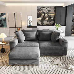 104.3 ' Plush Corduroy 4-Seat Sofa, Modern Comfy Upholstered Sofa Cloud Couch, Deep Seat Couches with Soft Pillows and 2 Ottomans, Convertible Sofa Lounge Chair, for Living Room,Apartment,Office,Grey