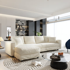 102.4 'Plush Corduroy 4-Seat Sofa,Modern Comfy Upholstered Sofa Cloud Couch,Deep Seat Couches with Soft Pillows and Movable Ottoman,Convertible Sofa Lounge Chair,for Living Room,Apartment,Office,Beige