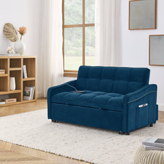 Loveseats Sofa Bed with Pull-out Bed,Adjsutable Back and Two Arm Pocket,TypeC and USB Charging with Copper nail,Blue (47'x53'x31')