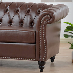 Dark Brown PU Rolled Arm Chesterfield Three Seater Sofa with Solid Wood Frame and Birch Legs