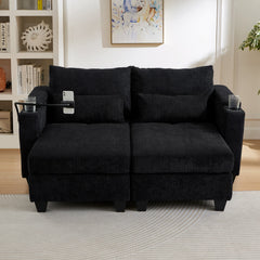 Convertible Chaise Lounge 63' Loveseat Sofa Bed with USB Ports, Cup Holders, Phone Holder & Storage, Black Corduroy