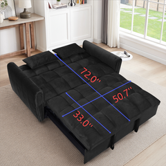65 '3-in-1 foldable large size sofa bed, modern velvet double sofa, sofa bed with adjustable back, storage bag and pillow, suitable for living room, bedroom (biack)