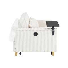 The pull-out and push-in beige corduroy sofa with dual functions, equipped with a movable tabletop and USB ports, is suitable for use in living rooms and bedrooms.