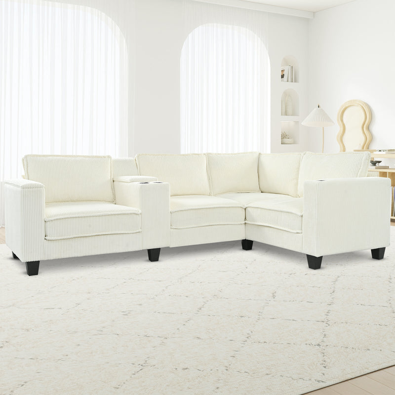 L-shaped 4-seater 105.5''*66.5'' corduroy sofa, large storage armrests with center console, USB charging, left and right seats can be switched, 2 packages of 130
