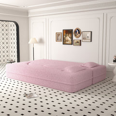 Modern Floor Sofa with 2 Pillows,Convertible Teddy Fabric Foam Filled Sleeper Sofa Bed,15 ' Full Size Folding Mattress for Living Room,Guest Bed,Playroom,No Assembly Required,Pink