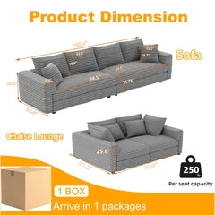 104.3 ' Plush Corduroy 4-Seat Sofa, Modern Comfy Upholstered Sofa Cloud Couch, Deep Seat Couches with Soft Pillows and 2 Ottomans, Convertible Sofa Lounge Chair, for Living Room,Apartment,Office,Grey