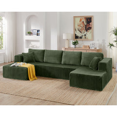 Modern Minimalist U Shape Modular Sectional Sofa Sleeper in Green Corduroy with Foam Filling