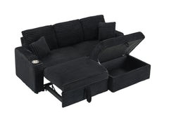 80' Corduroy Multi-Function Sofa with Hidden Reclining, Space Saving Design, Armrests, Cup Holders and Removable Footstool, Black
